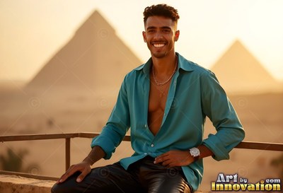 On a balcony before the pyramids, a grinning man sits in an open teal shirt