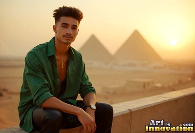 Sitting on a ledge at sunset, a younger man in a green shirt poses near the pyramids