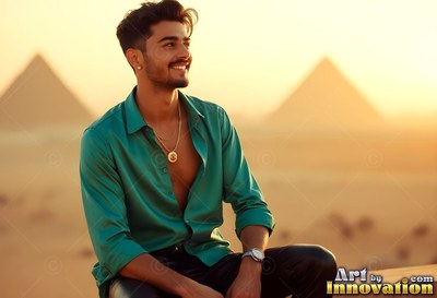 Grinning man with an unbuttoned light teal shirt before the Giza pyramids