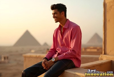 A grinning man in a pink shirt sits on a stone ledge before distant pyramids at sunset