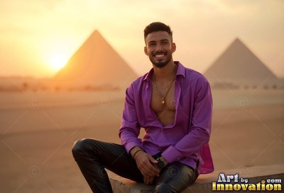 A beaming man in a purple shirt sits before the Giza pyramids in warm sunset light