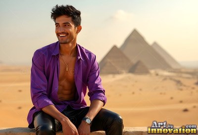 Seated man smiling in an open deep purple shirt before the Giza pyramids under warm sun