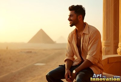 A happy man in an unbuttoned tan shirt sits by pyramids at sunset