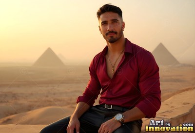 Above the desert pyramids, a man sits in an unbuttoned red shirt at sunset