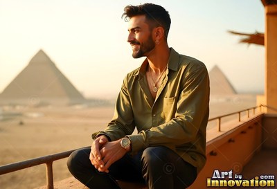 Sitting on a balcony, a cheerful man in a green shirt looks out toward the pyramids