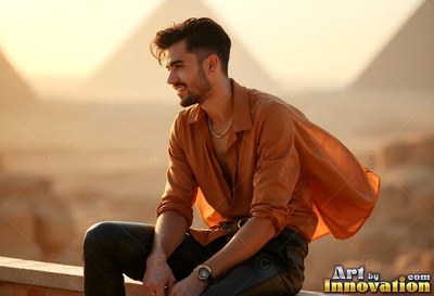 A smiling man in an open orange shirt sits before the pyramids