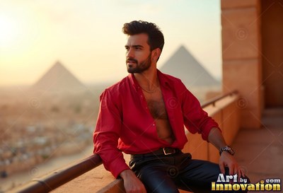 Wearing an open red shirt, a man sits on a balcony with the pyramids behind him