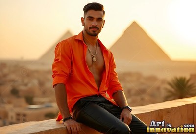 A man rests on a balcony wall wearing an unbuttoned bright orange shirt in warm sunset light