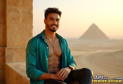 Sitting on a stone balcony, a happy man in a bright teal shirt rests before a pyramid