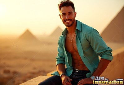 Smiling man in an open dark teal shirt sits outdoors before the Giza pyramids at sunset