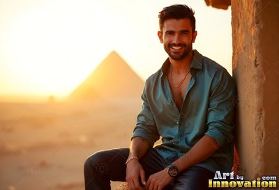 In the desert sunset, a beaming man sits in an open bright teal shirt before a pyramid