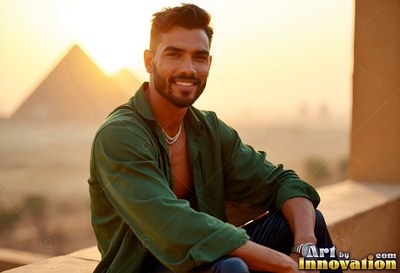 Smiling at sunset, a man in a green shirt sits on a balcony before the pyramids