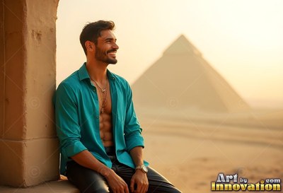 Beaming man in an open teal shirt sitting near a pyramid in the haze