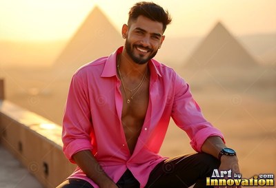 In an open bright pink shirt, a smiling man sits on a balcony with pyramids behind him