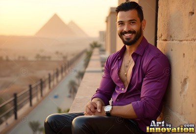 A happy man sits on a balcony wearing an unbuttoned purple shirt in warm sunset light