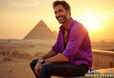 Sitting sideways on a balcony, a cheerful man in a dark purple shirt faces Giza pyramids