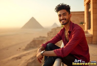 A grinning man in a red soft silk shirt sits on a balcony with the pyramids behind him
