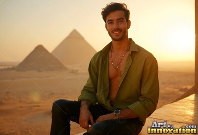 Before the Giza pyramids, a cheerful man sits in an open green shirt at sunset