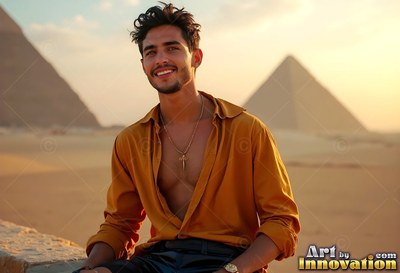 Smiling in the desert, a younger man wears an open orange shirt before the pyramids
