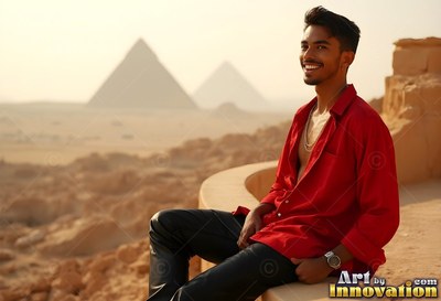 Smiling man with an unbuttoned red shirt sitting with Giza pyramids behind him
