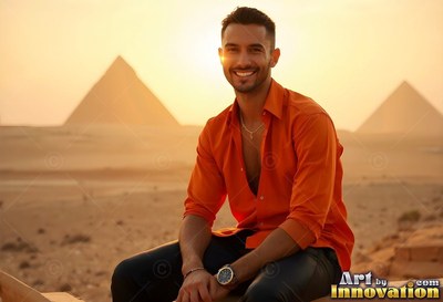 A man with an unbuttoned bright orange shirt smiles before the Giza pyramids at sunset