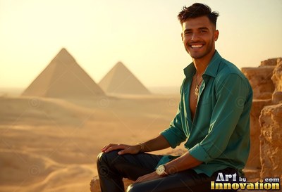 A happy man in an unbuttoned bright teal shirt sits before pyramids in warm haze