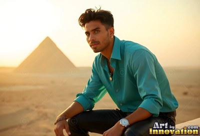 Seated guy in a light teal shirt rests before a sunlit pyramid in the desert sand