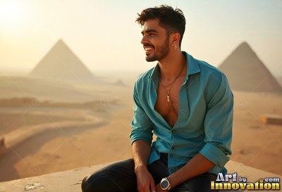 A grinning man sits in an open blue shirt with the pyramids behind him in warm light