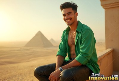 On a sunny balcony above pyramids, a beaming man sits in an open green shirt
