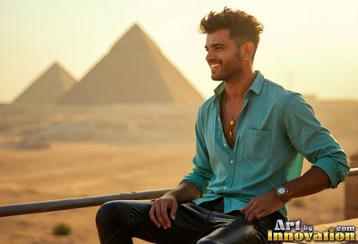 Smiling in the sun, a man in a green shirt sits near the Giza pyramids