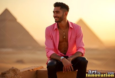 Man dressed in an unbuttoned pink shirt smiling before the Giza pyramids