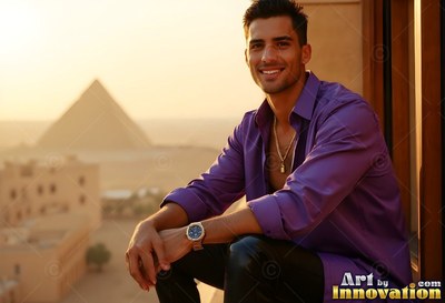 A grinning man in a purple button-down shirt sits on a balcony before the pyramids at sunset