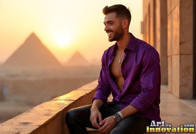 A man in an unbuttoned purple shirt sits on a balcony facing pyramids in warm evening light