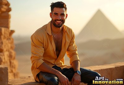 Sitting on a stone wall, a smiling man in a yellow shirt poses near a pyramid