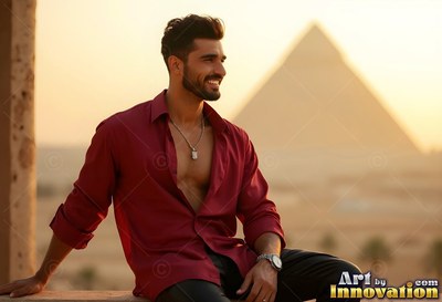A smiling man in an open red shirt sits near a pyramid in warm sunlight