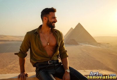 On a sunny balcony, a happy man sits in an open green shirt near pyramids
