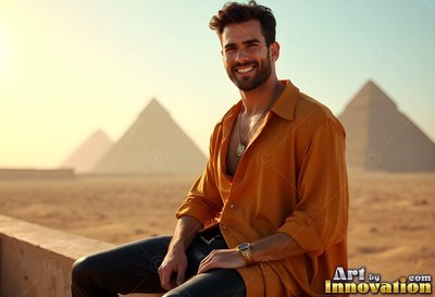 Smiling in an open rust-orange shirt, a man sits before the desert pyramids