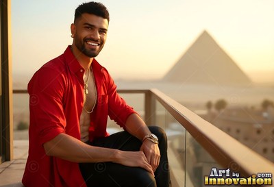 Grinning man dressed in an unbuttoned red shirt sitting on a balcony near a pyramid