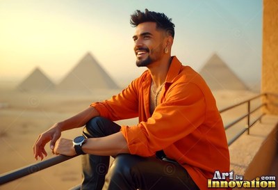 Happy man with an unbuttoned orange shirt rests on a balcony overlooking the pyramids