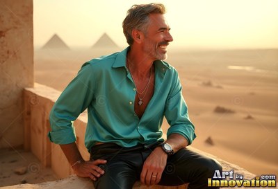 Sitting on a balcony, a man in a green shirt smiles toward pyramids in the desert dust