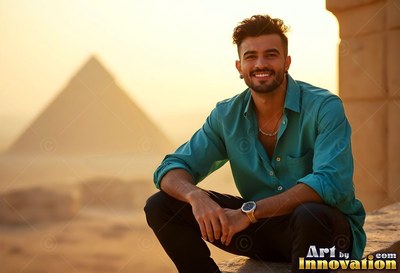 A grinning man in a bright teal shirt sits outside near a pyramid in the warm sun