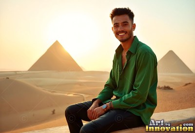 Above the desert dunes, a smiling guy in a green shirt sits before the pyramids
