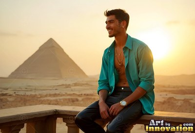 Sitting on a stone balcony, a happy man dressed in an unbuttoned teal shirt overlooks a pyramid at sunset