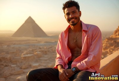 Cheerful man wearing an open pink shirt sits before a pyramid at sunset