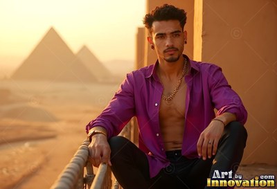 In an unbuttoned bright purple shirt, a man sits on a balcony with pyramids behind him in warm light