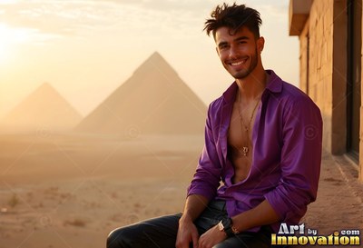 A smiling man sits outside in an open dark purple shirt in the warm haze before the pyramids