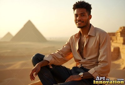 Sitting back in Giza, a smiling man wears a beige shirt near pyramids