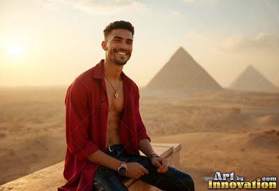 A cheerful man sits in an open red shirt with the pyramids behind him in warm sun