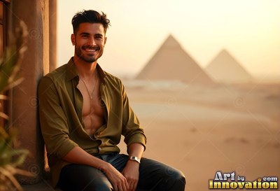 On a sunlit balcony, a smiling man sits in an unbuttoned olive shirt before pyramids