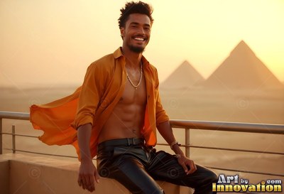 Smiling on a balcony, a man dressed in an open yellow shirt sits before the pyramids